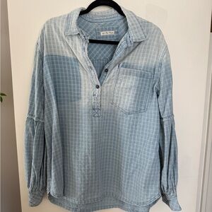 Light Blue Women’s Long-Sleeve Pullover Shirt - Washed Plaid, denim